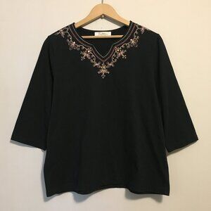 Vintage Black Bohemian Tee With Stitchwork and Beadwork